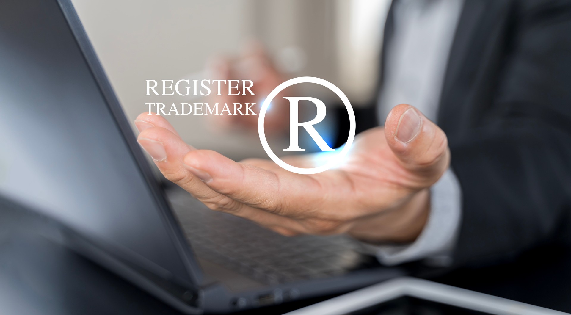Copyright protection concept. Registration or registration for trademark. Businessman holding Register trademark.